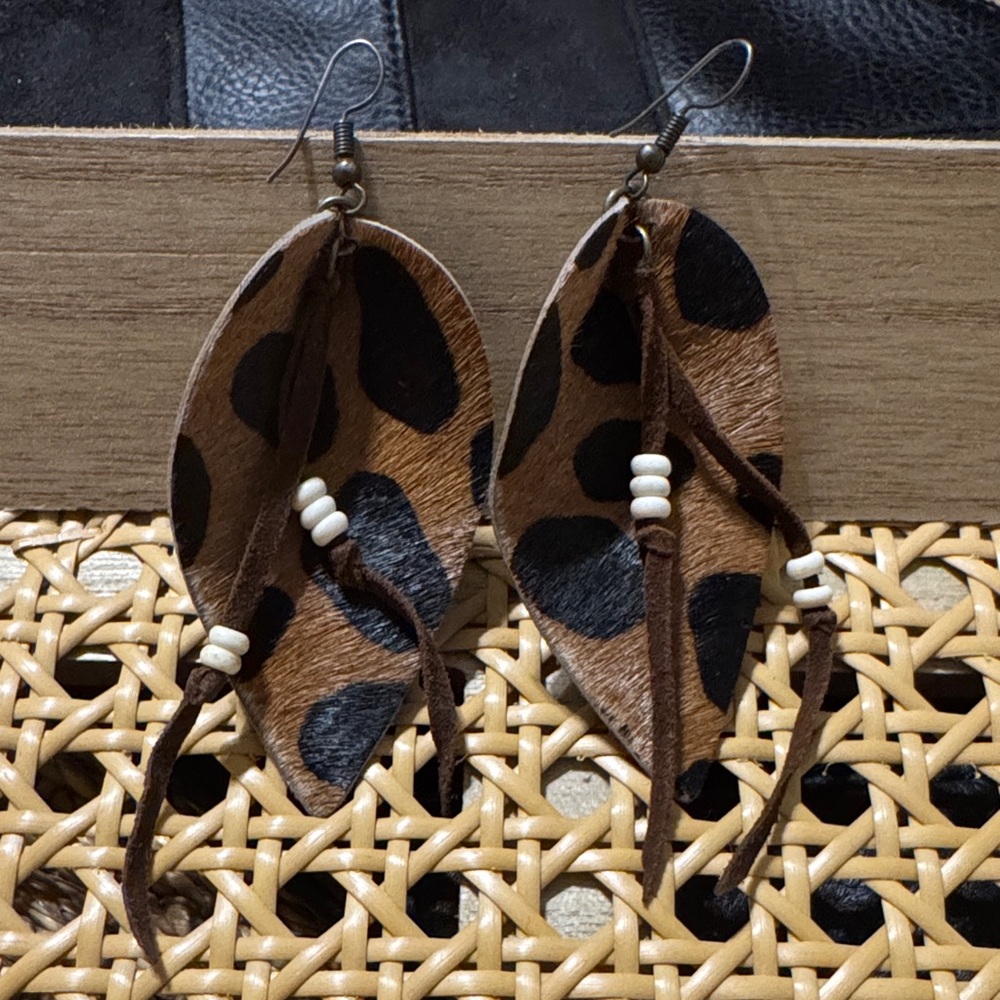 Leopard Print Leather Earrings with Beads